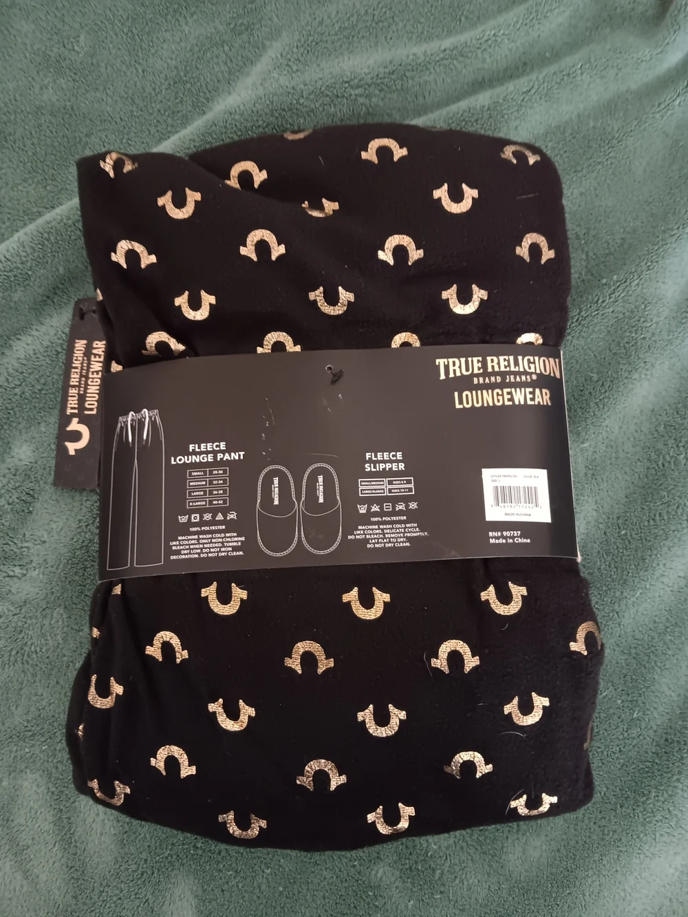 True Religion Men’s Black & Gold Loungewear Fleece Pant and Slipper Set
